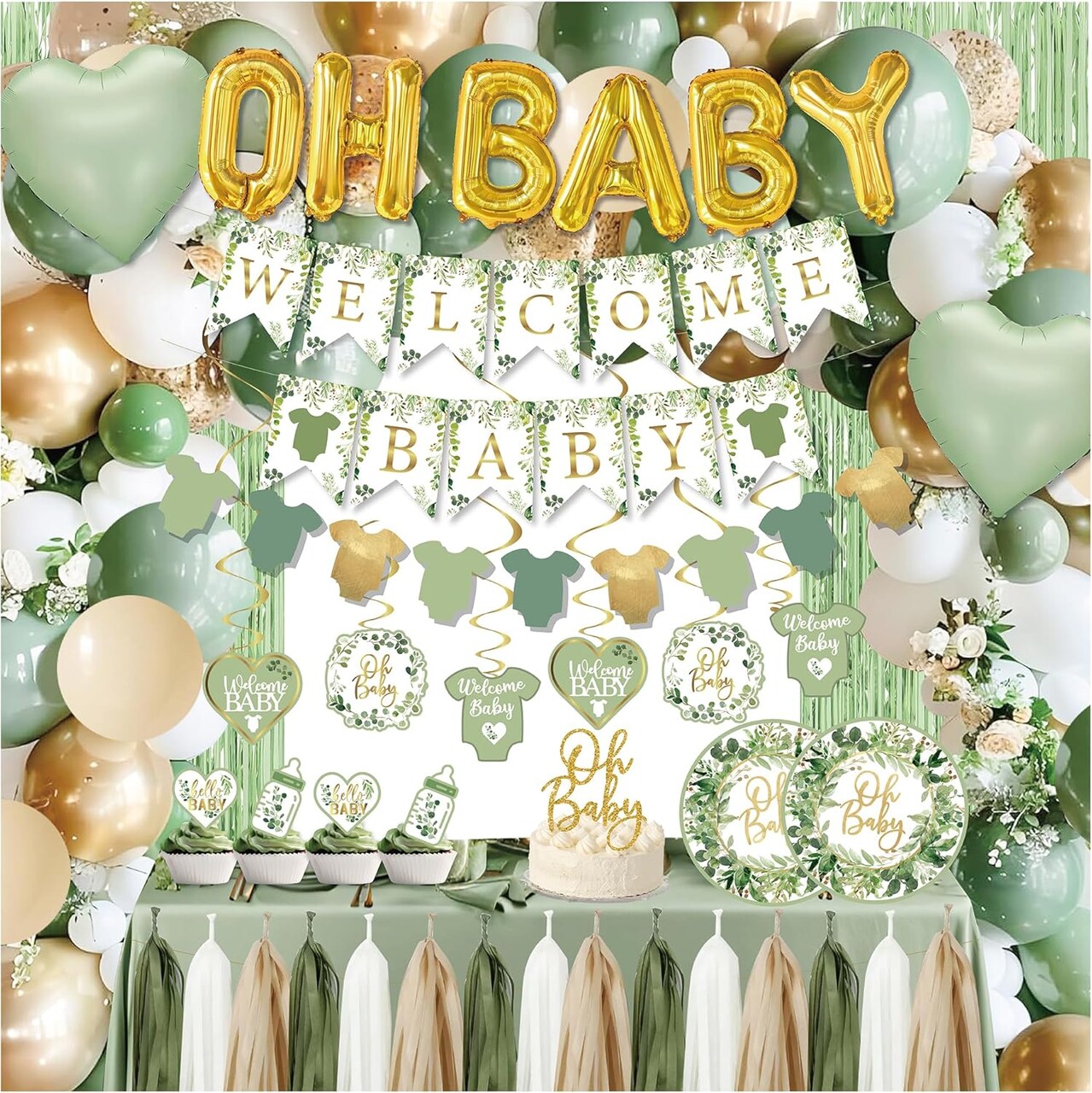Sage Green Baby Shower Decorations,155 pcs Neutral Baby Shower Decor Supplies(Sage Green/Gold)